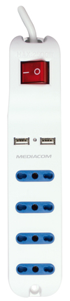 Scheda Tecnica: Mediacom Multipresa con 4x Spina Italiana Prese Elettriche - e 2 Porte USB 2.0, 250V, 10A, Bianco